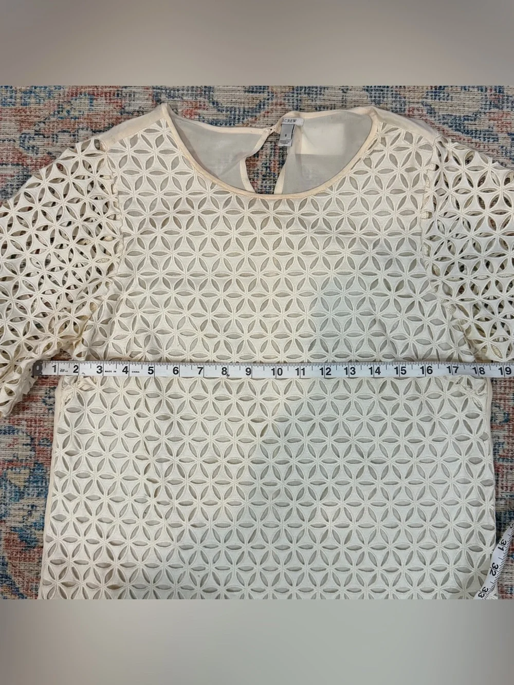 J.Crew Collection Pinwheel Eyelet Top S Ivory Cotton Silk Puff Sleeve Fall